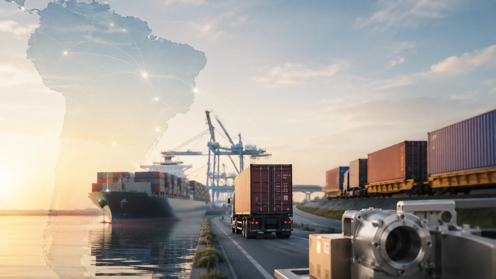 Export nach Südamerika über Hafen, Containerlogistik, Straßen- und Schienentransport