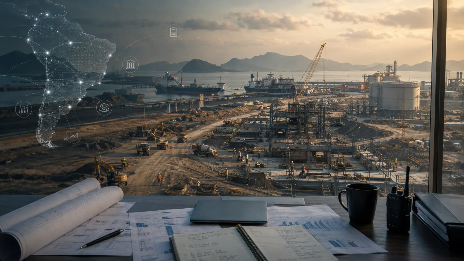 Projekte in Südamerika prüfen mit Baustelle, Industrieanlage, Hafen und Projektunterlagen