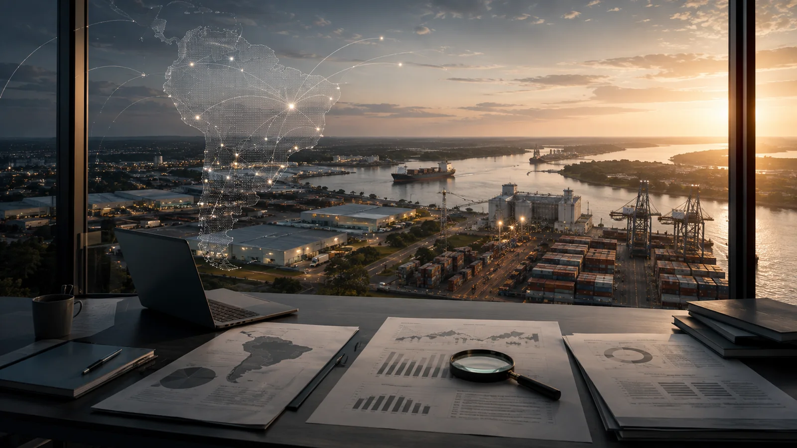 Econosur Marktanalyse Südamerika mit Analystenarbeitsplatz, Hafen, Industrie und Marktdaten