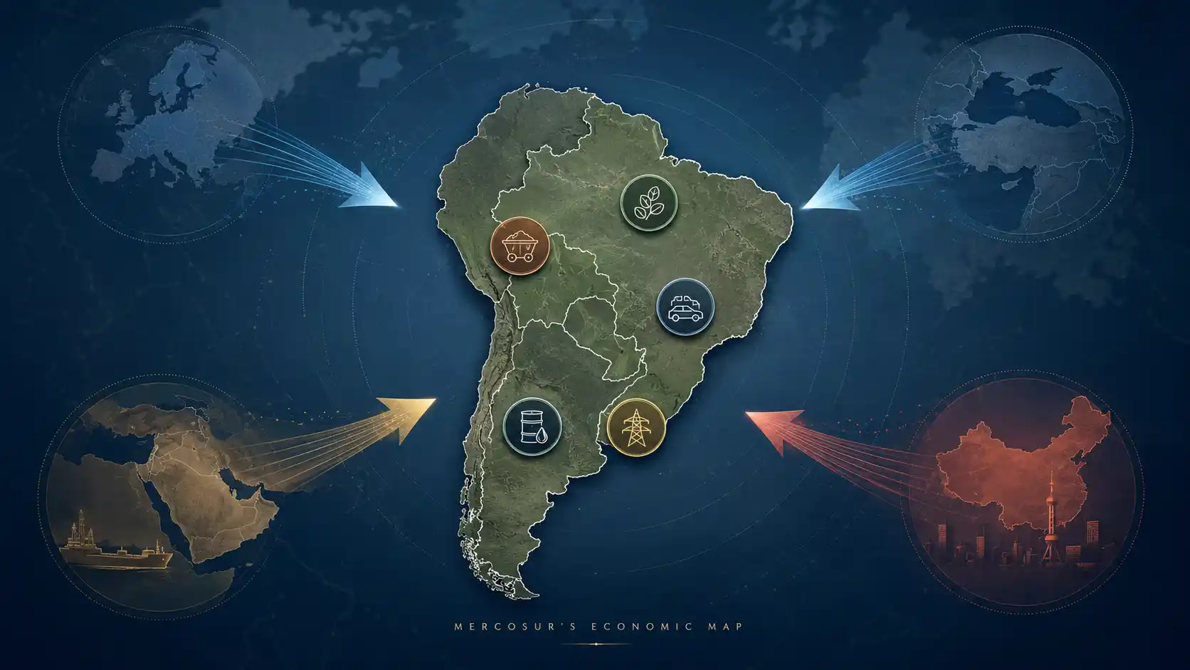 Mercosur economic map showing global shocks affecting energy, agriculture, mining, automotive and power sectors